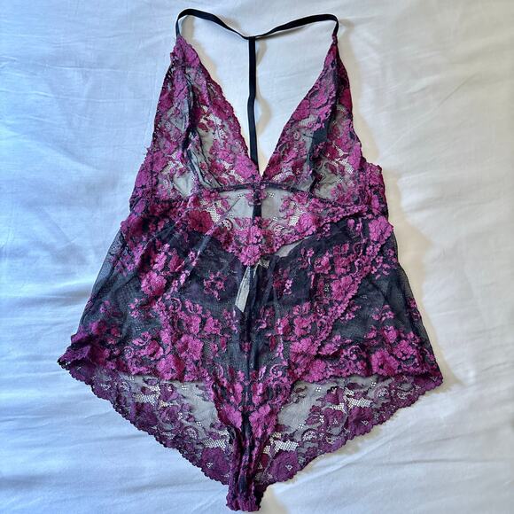 Free People Too Cute to Handle Teddy Bodysuit Lace Lingerie Black Fuchsia Medium - Picture 2 of 7